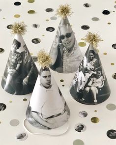 three party hats with photos on them