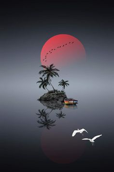 an island with palm trees and birds flying in front of a red sun over the water