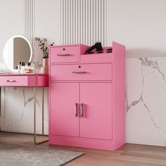 a pink dresser with a mirror and shoes on it in front of a marble wall