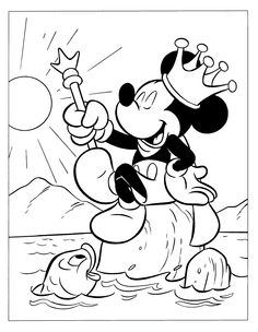 mickey mouse is riding on the back of a duck in black and white coloring pages