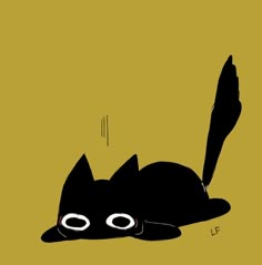 a black cat with big eyes laying on the ground in front of a yellow background