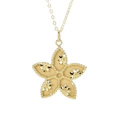 You'll love the ornate details of this Stefano Oro star necklace. Made in Italy, it's finely crafted in rich 14K yellow gold. The diamond-cut design has satin and polished finishes that beautifully show off the milgrain detail and intricate designs on the star pendant. Measuring 18", the flat rolo chain secures with a spring ring clasp. You'll want to wear this pretty piece all the time. It's a perfect finishing touch to any of your favorite ensembles, whether you're going casual or dressing up. Elegant Yellow Gold Necklace With Starfish Charm, Elegant Yellow Gold Necklaces With Starfish Charm, Gold Jewelry With Starfish Charm In 14k Gold, 14k Gold Jewelry With Starfish Charm, Gold Starfish Charm Jewelry In 14k Gold, Gold Satin, Rolo Chain, Intricate Designs, Star Pendant