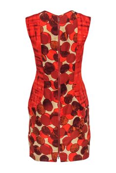 Show off your fiery side in this funky frock from Tracy Reese! Made with a '70s-inspired circle print on soft silk, this bright and bold dress is perfect for a retro-esque look. Pair with chunky heels and a headband to bring out your inner disco diva! Size 4 Shell: 100% Silk Lining: 100% Acetate Exposed back zipper Lined Sheath silhouette Scoop neckline w/ pleating Cap sleeve Open pockets on front of hip Circle print design Abstract print paneling on sides and shoulders Bust 36" Waist 31" Should Red Abstract Print Dress For Party, Chic Fitted Mini Dress With Vibrant Print, Fitted Silk Printed Dress, Red Fitted Retro Mini Dress, Retro Red Fitted Mini Dress, Fitted Retro Red Mini Dress, Multicolor Retro Silk Dress, Retro Multicolor Silk Dress, Retro Dresses With Bold Print For Spring