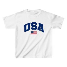 The USA Baby Tee is a must-have for any trendy woman's wardrobe. Featuring a y2k graphic print, this women's baby tee proudly displays your love for America. Made from high-quality materials, the USA Baby Tee offers both style and comfort. Represent your country with this chic and stylish top. Summer Streetwear T-shirt With School Spirit, Trendy Red T-shirt For College, Basic College Tops With Logo Print, Basic Tops With Logo Print For College, Y2k Letter Print Top For College, Y2k Letter Print College Top, Y2k Style Letter Print Top For College, 4th Of July Streetwear Tops With Graphic Print, Short Sleeve Slogan T-shirt For College