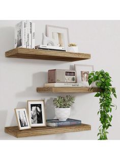 two wooden shelves with pictures and plants on them, one has a plant in the corner