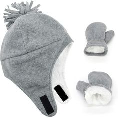 Zando Toddler Kids Winter Warm Fleece Lined Beanie Knit Hat with Ear Flaps for Baby Girls Boys Notice: 1.Strechy Size: Sizes S suggest to 2-12 Month infant, M suggest to 1-2 Ages baby, for SIZE S & M, the mittens do not have thumbs; L suggest to 2-4 Ages toddler, the mittens have thumbs. 2.Warm and Comfortable: Baby hat and mittens, made from soft and comfortable Polyester materials, double layered with soft and fuzzy sherpa lining. Naturally warm fleece, a little water resistant. All day cozy t Toddler Winter Hat, Stylish Winter Hats, Baby Hat And Mittens, Grey Mittens, Boys Winter Hats, Pilot Hat, Fleece Beanie, Earflap Beanie, Kids Winter Hats