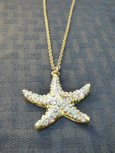 Sparkling Gold and Crystal Starfish Necklace Gold Starfish Charm Jewelry For Party, Party Jewelry Starfish Charm, Starfish Charm Jewelry For Parties, Starfish Charm Party Jewelry, Donald Duck Christmas, Disney Earrings, Starfish Necklace, Halloween Earrings, Starfish