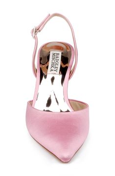 A pointy toe and heart-shaped metallic heel balance a stunning satin pump secured with an adjustable slingback strap. 3" heel Adjustable slingback strap with buckle closure Cushioned footbed Textile upper/synthetic and textile lining/leather sole Imported