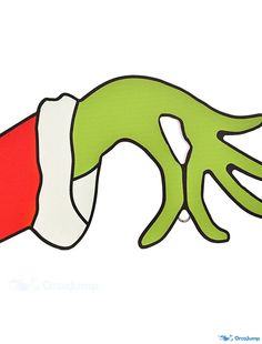 an image of a hand with a santa hat on it's head that is green and red