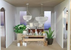 a living room filled with lots of furniture next to a table and potted plants