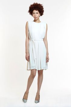 The Ellen Dress Spring Pleated Pre-draped Midi Dress, Elegant Flowy A-line Pleated Dress, White Sleeveless A-line Dress With Pleated Bodice, Summer A-line Crepe Dress, Elegant A-line Flowy Sleeveless Dress, Spring A-line Crepe Dress, Dressy A-line Dress With Pleated Back, Pleated A-line Sleeveless Dress For Daywear, Elegant White Sleeveless Dress With Pleated Bodice