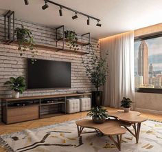 a living room with brick walls and plants on the table, tv stand, and coffee table