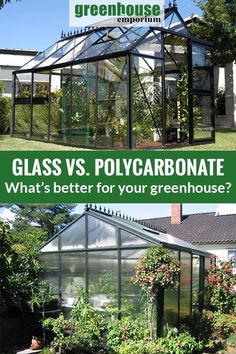 two greenhouses with glass roofs and plants in the middle, one is green house