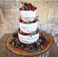 a three tiered cake with berries and pine cones on a tree stump in front of a brick wall