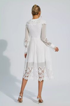 Harlee White Hollow Embroidery Midi Dress Lace Patchwork Puff Sleeve Dress, Lace Dress With Puff Sleeves And Lace Patchwork, Spring Midi Dress With Lace Puff Sleeves, Elegant White Midi Dress With Lantern Sleeves, Spring Long Sleeve Midi Dress With Lace Collar, Elegant White Midi Dress With Bishop Sleeves, Long Sleeve Midi Dress With Lace Patchwork For Wedding, Elegant Lantern Sleeve Dress With Floral Embroidery, Long Sleeve Dresses With Lace Collar For Garden Party