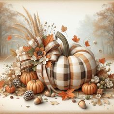 a painting of a pumpkin surrounded by autumn leaves