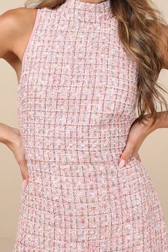 Your office aesthetics just got a boost, thanks to the Lulus Glittery Poise Pink Multi Tweed Sleeveless Mini Dress! Multi-colored woven tweed, with shiny sequins and sparkling Lurex threading throughout, shapes a bodice with a mock neckline and a back keyhole with twin loop-button closures. Fitted waist tops a figure-skimming skirt that ends at a cute, rounded hem. Hidden zipper/clasp at back. Fit: This garment fits true to size. Length: Mid-thigh. Size medium measures 33.75" from shoulder to he Chic Party Tweed Dress With Sequins, Chic Tweed Dress With Sequins For Parties, Spring Party Tweed Dress, Mini Length, Fitted Sleeveless Tweed Dress, Spring Party Mini Length Tweed Dress, Spring Party Mini Tweed Dress, Chic Summer Party Tweed Dress, Chic Pink Tweed Dress For Spring, Chic Pink Tweed Dress