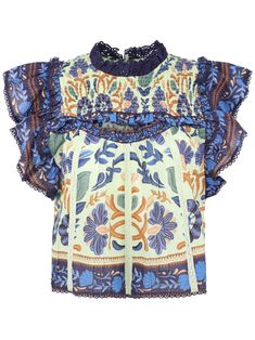 splash blue/multicolour cotton all-over Tapestry print smocked panel cut-out detailing lace trim frilled high neck rear teardrop fastening cap sleeves Blue Cotton Blouse With Lace Trim, Multicolor Cotton Ruffle Tops, Patterned Cotton Tops With Ruffles, Bohemian Multicolor Lace Trim Blouse, Multicolor Bohemian Blouse With Lace Trim, Patterned Short Sleeve Tops With Ruffles, Patterned Ruffle Tops With Short Sleeves, Patterned Ruffle Top With Short Sleeves, Versace Outfit