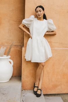 Puff sleeves dress in cream Exit Dress, White Puff Sleeve Dress, Short Sleeved Dress, Puff Sleeve Dress, Denim Accessories, Sleeve Cuff, Dresses By Length, Loungewear Sets, Puffed Sleeves Dress