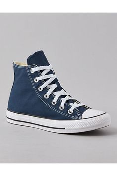 Cotton canvas upper/Round toe/Lace-up silhouette/OrthoLite cushioning/Iconic Chuck Taylor ankle patch/Diamond pattern rubber outsole Navy Converse High Tops, Dark Blue Converse, Navy Blue Converse, Blue Shoes Women, Navy Converse, White Jeans Men, Blue Converse, Fall Stuff, Athletic Fit Jeans