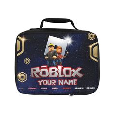 a lunchbox with the name roblox on it and an image of two people holding