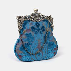 Burnout Velvet Aqua Blue Chatelaine Purse Large Elegant Blue Bag With Mobile Phone Holder, Elegant Blue Mobile Phone Bag, Elegant Handmade Blue Shoulder Bag, Blue Retro Evening Bag, Retro Blue Evening Bags, Retro Blue Bags For Formal Occasions, Blue Rectangular Coin Purse, Elegant Blue Shoulder Bag Clutch, Elegant Rectangular Coin Purse For Daily Use