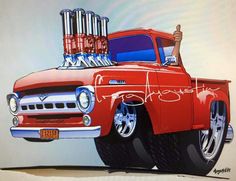 a drawing of an old red truck with chrome rims