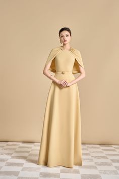 Cape Fashion, Jasmine Dress, Mean Blvd, Star Wars Outfits, Floor Length Dress, Yellow Beige, Black Tie Gala, Ankle Length Dress, Cape Sleeves