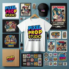 various t - shirts, stickers and hats are displayed on a blue wall with the words pixell pro studio