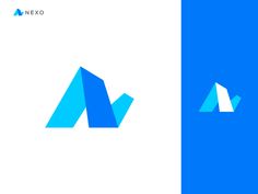 the letter m is made up of blue and white triangles, with one smaller triangle in the