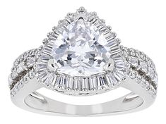 Bella Luce® white diamond simulant 5.23ctw trillion, baguette, tapered baguette, and round platinum over sterling silver ring. Measures approximately 0.94"L x 0.56"W and is not sizable. The diamond equivalent weight is 3.16ctw. White Trillion Cut Cubic Zirconia Ring, White Cubic Zirconia Trillion Cut Ring, Classic White Trillion Cut Jewelry, Fine Jewelry White Trillion Cut Ring, White Trillion Cut Anniversary Jewelry, White Trillion Cut Fine Jewelry Ring, White Trillion Cut Diamond Ring For Formal Occasions, White Trillion Cut Jewelry For Anniversary, Anniversary White Trillion Cut Jewelry