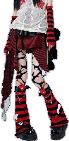 Trendy Red Legwear For Winter, Alternative Style Leg Warmers For Fall Cosplay, Gothic Leg Warmers For Winter, Black Halloween Leg Warmers, Punk Style Leg Warmers For Fall, Punk Leg Warmers For Fall, Gothic Red Bottoms For Fall, Edgy Red Bottoms For Halloween, Thigh High Leg Warmers For Cosplay In Fall