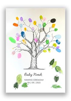 a baby's handprinted tree with leaves on it and the words, baby names