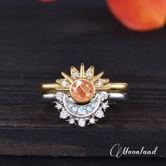 an orange and white ring sitting on top of a wooden table