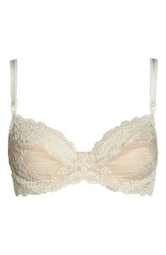 Sheer-topped cups are detailed with feminine lace in a beautiful underwire bra. Partially lined Polyester/nylon/spandex Hand wash, line dry Imported Lingerie Fitted Bra With Lace Trim And Sweetheart Neckline, Cream Full Coverage Bra With Removable Pads, Full Coverage Cream Bra With Removable Pads, Beige Lace Bra Comfortable, Beige Lace Underwire Bra, Fitted Bra With Lace Closure And Sweetheart Neckline, Fitted Lace Underwire Bra, Full Cup Lace Bra With Lace Closure, Wedding Lace Bra In Beige