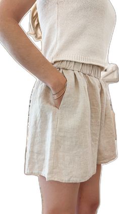 Relaxed Beige Shorts For Spring, Beige Wide Leg Shorts With Elastic Waistband, Beige Wide-leg Shorts With Elastic Waistband, Beige Linen Loungewear Shorts, Summer Linen Bottoms In Neutral Color, Casual Bottoms For Spring, Neutral Color Spring Beach Bottoms, Casual Natural Waistline Bottoms For Spring, Relaxed Beige Shorts With Elastic Waistband