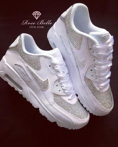 Stunning Nike air max 90s customised with high quality crystals perfect for your wedding day. These can be personalised with your name, date etc this will be printed (select printed personalising) on the side at the back end of the shoe, on both shoes outer side. Any colour personalising available Any colour ribbon laces If you have any specific requirements please contact me Xx Bridal Nike, Wedding Nike, 90s Bride, Custom Air Max 90, Wedding Sneakers For Bride, Bridal Converse, Nike Trainer, Nike Air Max 90s, Bridal Sneakers