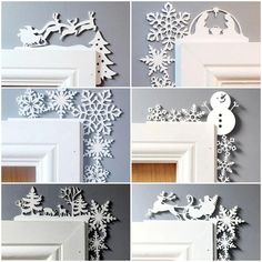 four different pictures of snowflakes on the wall and in front of a door