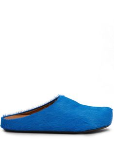 royal blue calf hair round toe slip-on style branded leather insole flat rubber sole Luxury Blue Mules, Blue Slip-on Slippers With Removable Insole, Blue Slip-on Slippers With Rubber Sole, Blue Slip-on Mules With Cushioned Footbed, Blue Cushioned Slip-on Mules, Blue Slip-on Slippers With Round Toe, Luxury Blue Leather Mules, Blue Slip-ons With Leather Sole And Flat Heel, Blue Slip-on Mules With Leather Sole