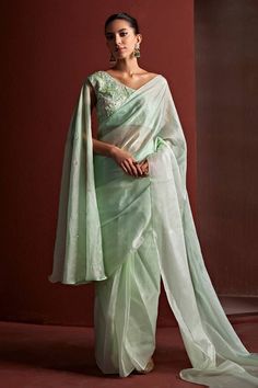 Mint green pre-draped organza saree in an ombre shaded base. Comes with padded pitta embroidered attached dupatta blouse and petticoat. - Aza Fashions Pista Green Cotton Silk Pre-draped Saree For Wedding, Elegant Pre-draped Saree With Sheer Dupatta In Silk Chiffon, Elegant Pre-draped Silk Chiffon Saree With Sheer Dupatta, Elegant Silk Chiffon Pre-draped Saree, Pista Green Organza Pre-draped Saree For Diwali, Silk Chiffon Saree With Sheer Dupatta For Wedding, Wedding Saree With Sheer Dupatta In Silk Chiffon, Elegant Pre-draped Pista Green Saree With Sheer Dupatta, Silk Chiffon Pre-draped Saree With Sheer Dupatta