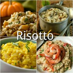 four pictures with different types of food and words that say risotto on them