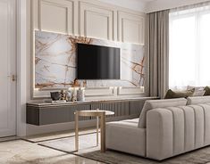 a modern living room with marble walls and furniture in neutral tones, including a large tv on the wall