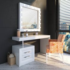 a white vanity with lights on it and a chair next to it in front of a window