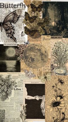 a collage of images with butterflies, flowers and other things on it's side