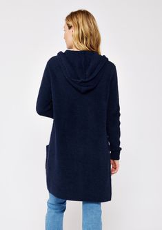 An ultra warm and cozy mid-length hooded cardigan in navy. Fuzzy texture Relaxed fit Long sleeve Mid-length Hooded Open front Patch pockets Women's fall cardigan Dry clean only Embrace all the cozy vibes in this ultra-soft long cardigan - your new Fall favorite! This versatile layering piece features an open front, a comfy hoodie, long sleeves, and convenient patch pockets. You'll find yourself reaching for this easy fit style all season long. Model is 5'7.5, wearing a size S.Style: I-51072K-SLQ Blue Hooded Winter Cardigan, Cozy Blue Sweater Coat For Winter, Cozy Blue Hoodie Outerwear, Cozy Navy Sweater For Winter, Cozy Blue Hooded Winter Jacket, Cozy Blue Hooded Jacket For Winter, Cozy Blue Soft Knit Outerwear, Navy Knit Winter Outerwear, Navy Knit Outerwear For Winter