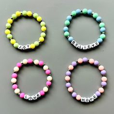 These handmade beaded bracelets can be personalized with a name, motivational word, initials or a short phrase. Great as a gift for someone who needs encouragement, a mental pick-me-up, or just a cute bracelet with his or her name or initials on it!  Please measure your wrist before you pick the size for your bracelet. The easiest way is to use a string or ribbon around your wrist and then laying it along a ruler.  All photos are for examples. The colors and pattern of the beads on the bracelets may vary slightly depending on size and supply. Prices are per bracelet. If you would like different colored beads,  or would like a different quantity, please message the shop and I will work with you on a custom order. SAFETY WARNING: All products sold in this shop should be used with adult super Bracelet Words, Trendy Words, Handmade Beaded Bracelets, Lei Lei, Bracelets Patterns, Bracelet Stacking, Word Bracelet, Alphabet Beads, Diy Bracelets Patterns