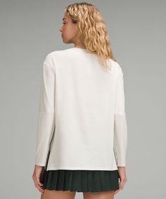 With Dropped Shoulders, A Classic Boatneck Cut, And A Bum-Covering Length, This Long Sleeve Provides Lightweight Coverage That Feels Just Right. Designed For Casual. A Loose Fit With A Little Extra Room:long Length Keeps Bum And Hips Covered. Side Slits. | Relaxed-Fit Boatneck Long-Sleeve Shirt Dress Bra, Womens Long Sleeve Shirts, Extra Room, Lululemon Women, Business Casual Outfits, Pima Cotton, Long Length, Boat Neck, Long Tops