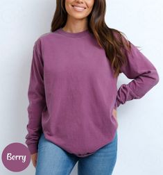 Blank Comfort Color Long Sleeve Shirt Long Sleeve Tee Wholesale Clothing Blank Shirt Long Sleeve Tshirt Women Long Sleeve Men Tee Long Shirt ✨ PRODUCT DESCRIPTION ✨ ∘ ∘ For an Oversized look, consider sizing up 1-2 above your normal size. ∘ ∘ UNISEX TSHIRT ∘ Relaxed fit ∘ Medium fabric ∘ 100% Preshrunk Cotton ∘ Garment-dyed fabric ∘ Double-needle topstitch seams for long-lasting ∘ ∘ Design colors may differ slightly from the final printed item due to the printing process and monitor calibration. ∘ ∘  📏 SIZE 📏 ∘ Adult Unisex sizing. We have a size chart on our listing photos ↑. ⏱️ SHIPPING & PRODUCTION TIME ⏱️ ∘ Please allow 1-5 business days for processing time. ∘ Shipping time is 3-5 business days. ✨ CARE INSTRUCTIONS ✨ ∘ Inside out, wash cold with a delicate cycle ∘ Hang Dry ∘ Do not u Casual Long Sleeve Solid Color T-shirt, Purple Solid Cotton Top, Purple Solid Color Cotton Top, Solid Color Cotton T-shirt For Fall, Cotton Solid Color T-shirt For Fall, Fall Cotton Solid Color T-shirt, Fall Solid Color Cotton T-shirt, Basic Long Sleeve T-shirt With Relaxed Fit, Purple Relaxed Fit Casual Top