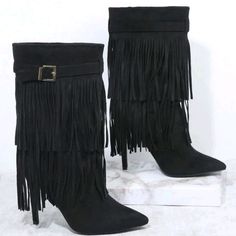 Black Faux Leather Fringe Detail Boots Slip On Upper Material: Sudette Lining Material: Fabric Insole Material: Pu Leather Outsole Material: Tpr Chic Fringe Boots For Winter, Chic Fringe Boots For Party, Black Faux Leather Mid-calf Boots For Party, Chic Black Boots With Fringe, Black Mid-calf Boots For Fall Party, Leather Fringe, Black Faux Leather, Pu Leather, Faux Leather