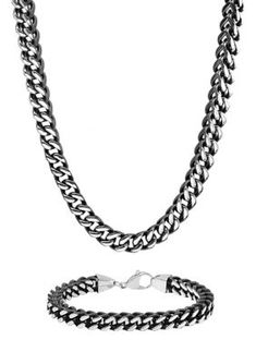 Belk & Co. Franco Link Chain Bracelet And Necklace Set In Black Stainless Steel. Find the perfect gift set for him in this stainless steel Franco link chain bracelet and necklace set, featuring a two-tone, black and silver, polished finish. Classic Black Link Jewelry, Gunmetal Link Jewelry In Stainless Steel, Gunmetal Jewelry With Stainless Steel Clasp, Black Cuban Link Jewelry With Box Chain, Elegant Black Cuban Link Jewelry, Black Cuban Link Jewelry With Silver Chain, Black Cuban Link Chain Jewelry, Black Curb Chain Jewelry For Gift, Black Cuban Link Chain Necklace With Silver Chain